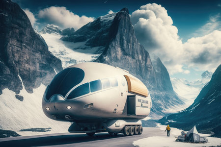 autonomous cargo transport of the future making delivery to remote location, with breathtaking mountain views in the background, created with generative aiの素材