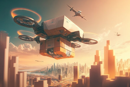 cargo drone flies over futuristic city, carrying goods to their destination, created with generative aiの素材