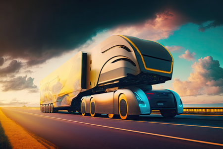 autonomous cargo truck transporting goods on futuristic highway, created with generative aiの素材