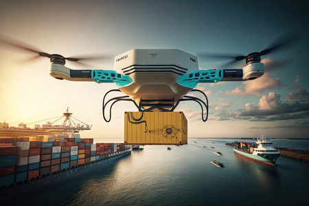 autonomous cargo drone flies over a busy harbor, carrying container to its destination, created with generative aiの素材