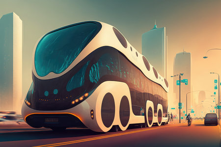 self-driving bus transporting passengers to their destination in futuristic city, created with generative aiの素材