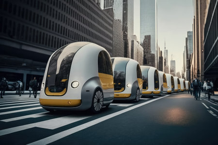 autonomous vehicle fleet transporting people throughout the city, with seamless and efficient service, created with generative aiの素材