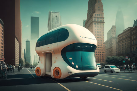 autonomous shuttle carrying people from one part of the city to another, created with generative aiの素材