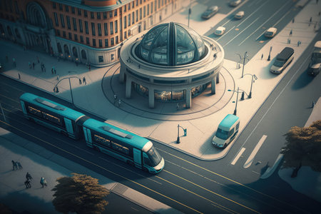 autonomous city transport system, with lines and stations clearly visible, stops in the center of the city, created with generative aiの素材