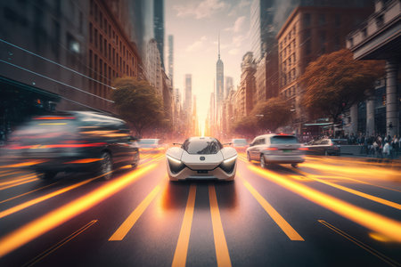 autonomous vehicle drives through bustling metropolis, with blurred background of busy city life, created with generative aiの素材
