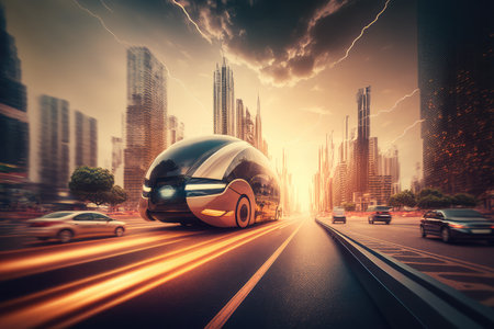 autonomous vehicle drives through bustling metropolis, with blurred background of busy city life, created with generative aiの素材
