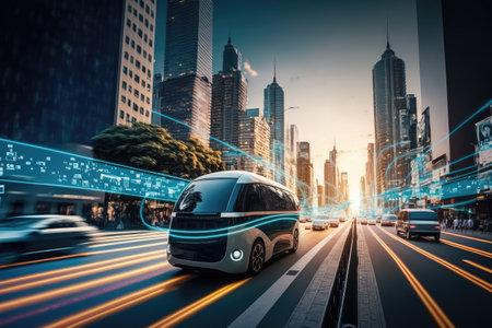 autonomous vehicle drives through bustling metropolis, with blurred background of busy city life, created with generative aiの素材