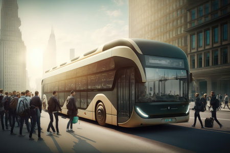 autonomous city bus, serving a bustling and busy metropolis, with passengers on board, created with generative aiの素材