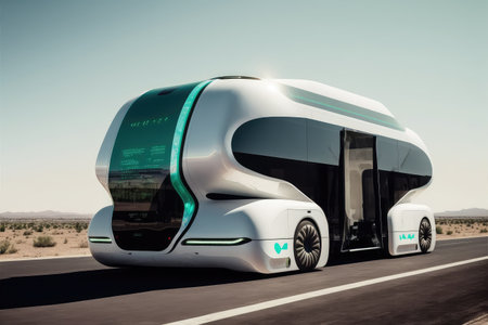 autonomous shuttle transports people to and from airport terminal, created with generative aiの素材