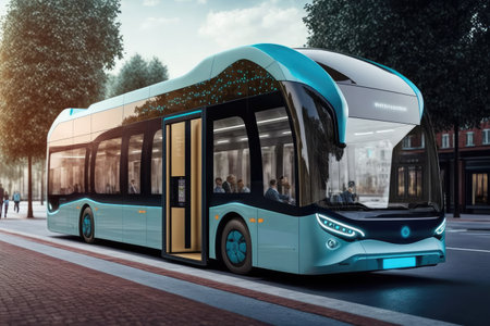 autonomous bus shuttle service stopping at public transport stations to pick up and drop off passengers, created with generative aiの素材