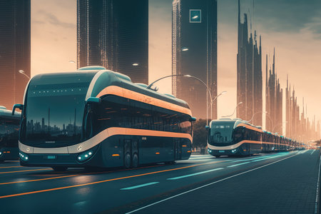 autonomous city transport system, with lines of self-driving cars and buses, in futuristic metropolis, created with generative aiの素材