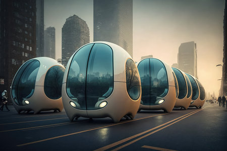 autonomous city transport pods, carrying people and goods throughout the metropolis, created with generative aiの素材