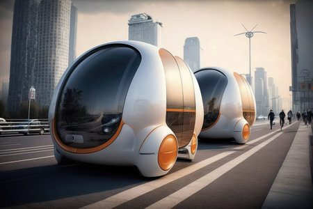 autonomous city transport pods, carrying people and goods throughout the metropolis, created with generative aiの素材
