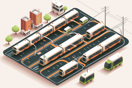 autonomous city transport system, with lines connecting different parts of the city and multiple vehicles serving each route, created with generative aiの素材