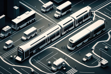 autonomous city transport system, with lines connecting different parts of the city and multiple vehicles serving each route, created with generative aiの素材