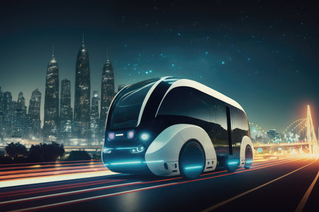 autonomous vehicle transporting passengers through city at night, with skyline in the background, created with generative aiの素材