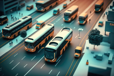 autonomous city transport system, with self-driving cars and buses seamlessly picking up and dropping off passengers, created with generative aiの素材