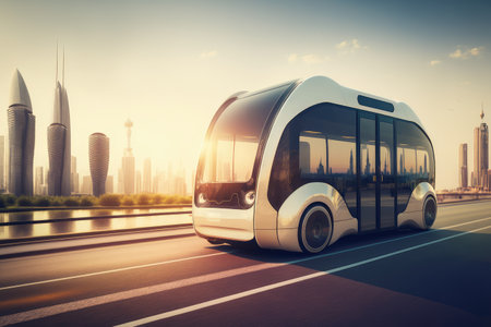 autonomous mini bus carrying passengers on route through modern metropolis, created with generative aiの素材