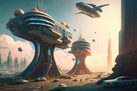 futuristic city, with flying autonomous vehicles and floating roadways for fast and efficient transport, created with generative aiの素材