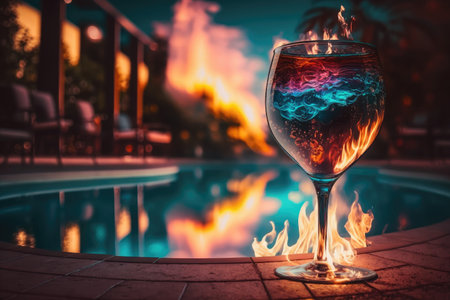 burning hot fire in patio next to beautiful swimming pool with glasses and drinks, created with generative aiの素材