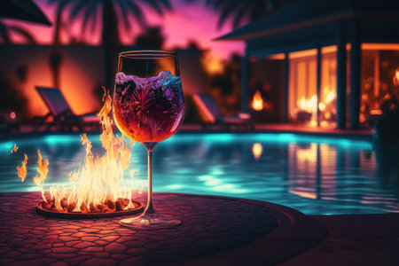burning hot fire in patio next to beautiful swimming pool with glasses and drinks, created with generative aiの素材