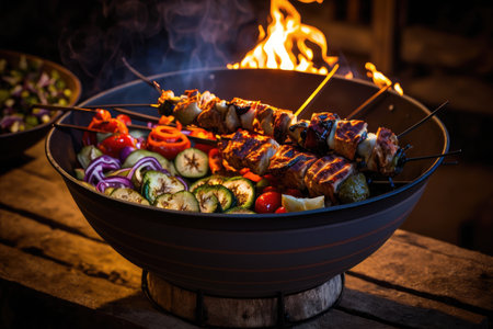 delicious grilled skewers in bowls on lit burning backyard grill, created with generative aiの素材