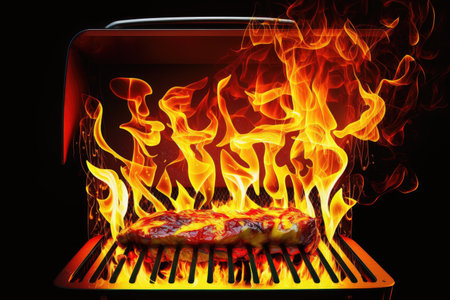 bright red and yellow high flame burning on backyard grill, created with generative aiの素材