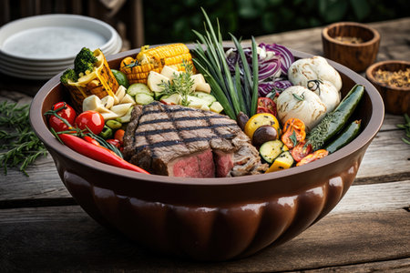 large appetizing bowl with vegetables and meat for grilling in backyard grill, created with generative aiの素材