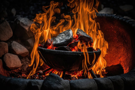 burning hot coals and lit fire for grilling food in backyard grill, created with generative aiの素材