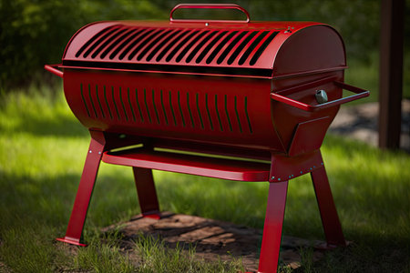dark red metal backyard grill with handles on stand, created with generative aiの素材