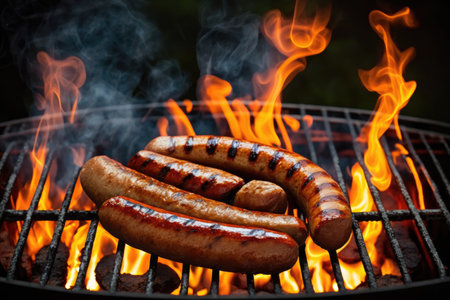 hot dogs with sausage and onions grilled on open fire on backyard grill, created with generative aiの素材