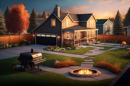 large spacious suburbs with lawn and fire on backyard grill, created with generative aiの素材