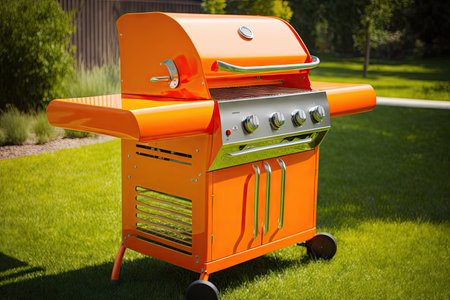 bright orange outdoor grill for making delicious barbecue on lawn in backyard grill, created with generative aiの素材