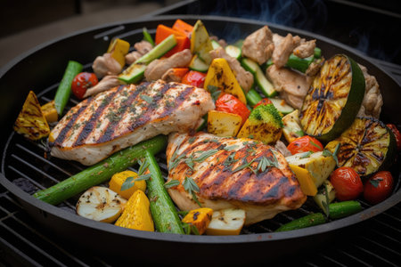 grilled chicken and vegetables on homemade backyard grill, created with generative aiの素材