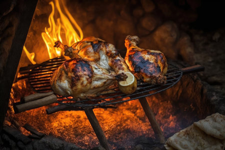 cooking delicious chicken on open fire on summer backyard grill, created with generative aiの素材