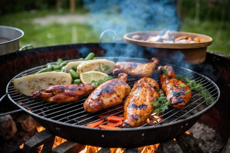 outdoor barbecue party preparation with grilled sausages and poultry in backyard grill, created with generative aiの素材
