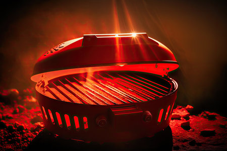 bright red metal backyard grill with glowing coals in rays of sun, created with generative aiの素材