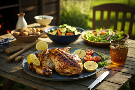 delicious grilled chicken on table in backyard grill, created with generative aiの素材