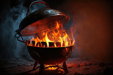 embers of fire in metal kettle on portable backyard grill at summer barbecue, created with generative aiの素材