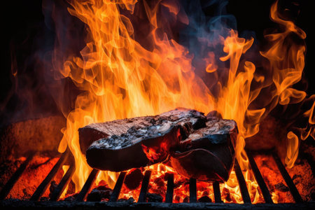 large open fire in burning coals for grilling food on backyard grill, created with generative aiの素材