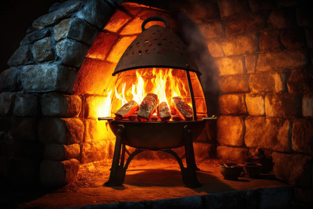 warm glowing fire in stone barbecue grill in backyard grill, created with generative aiの素材