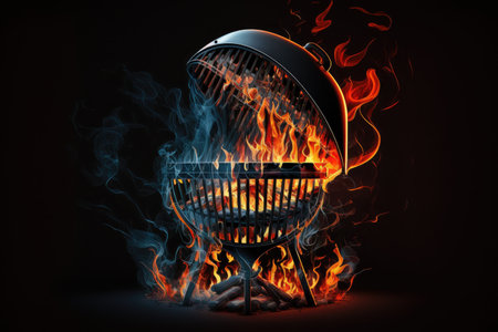 black metal backyard grill with burning fire for cooking, created with generative aiの素材