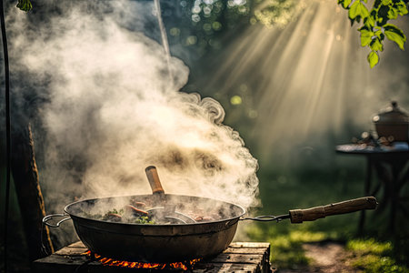 outdoor cooking in nature with light smoke from burning fire on backyard grill, created with generative aiの素材