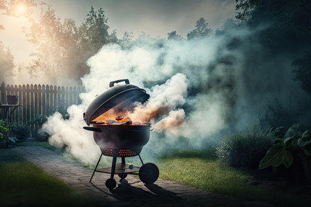 outdoor cooking in nature with light smoke from burning fire on backyard grill, created with generative aiの素材