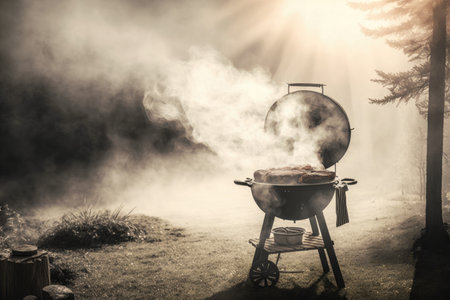 outdoor cooking in nature with light smoke from burning fire on backyard grill, created with generative aiの素材