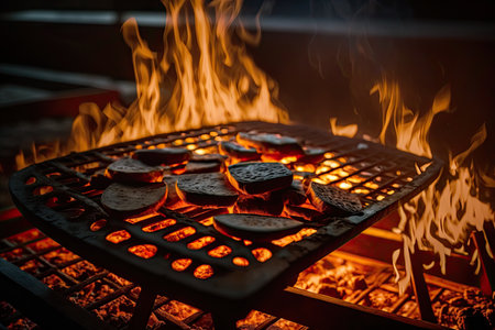 burning coals on glowing backyard grill grate and plates, created with generative aiの素材