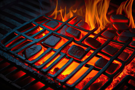 burning coals on glowing backyard grill grate and plates, created with generative aiの素材