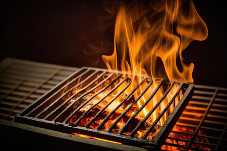 burning fire on grate of large metal backyard grill, created with generative aiの素材
