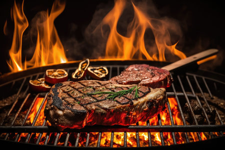cooking delicious meat on fire on backyard grill, created with generative aiの素材