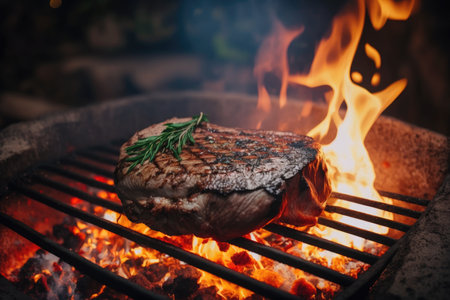 cooking delicious meat on fire on backyard grill, created with generative aiの素材
